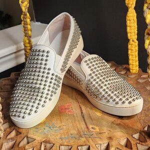 Michael Kors White Leather Slip-On Sneakers with Silver Studs
